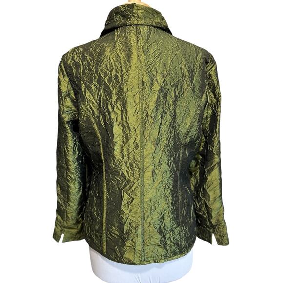 Chicos Blazer size 1 M Olive Green Crinkled Satin Metallic Evening Jacket - Picture 5 of 6